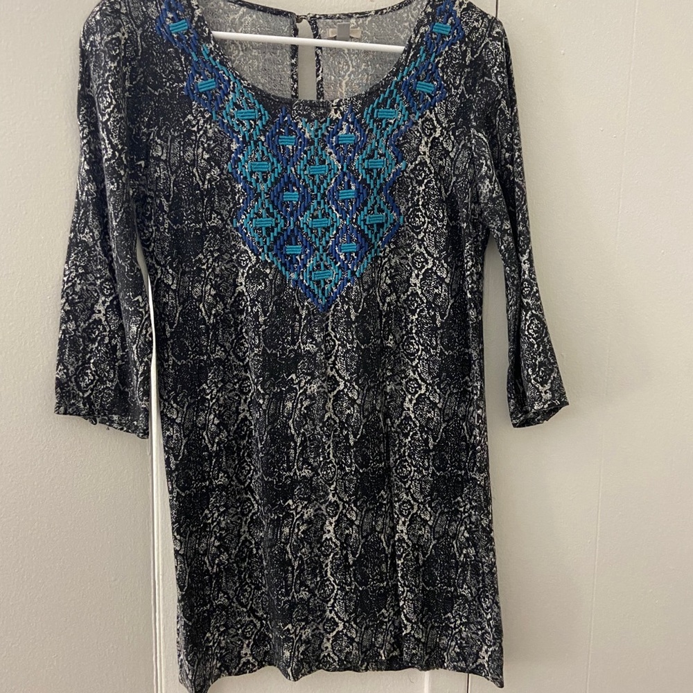 Tunic Dress Shift Ecote Snake Print Blue Embroidery Mini Dress Pullover Small